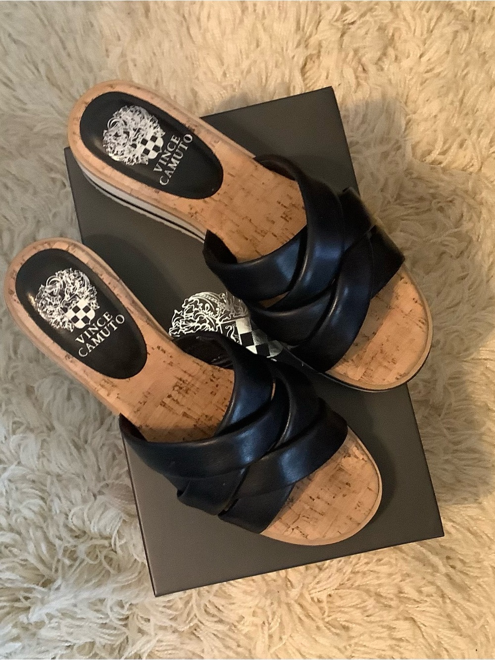 Vince Camuto Black Braided Leather Cork Slide Sandals